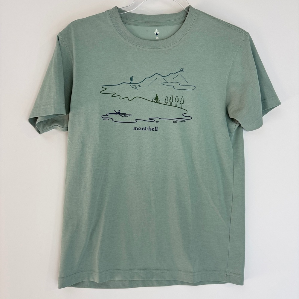 Mont-bell Wickron T-Shirt Mens XS Green Graphic Mountain‎ Hiking Outdoor 1114475